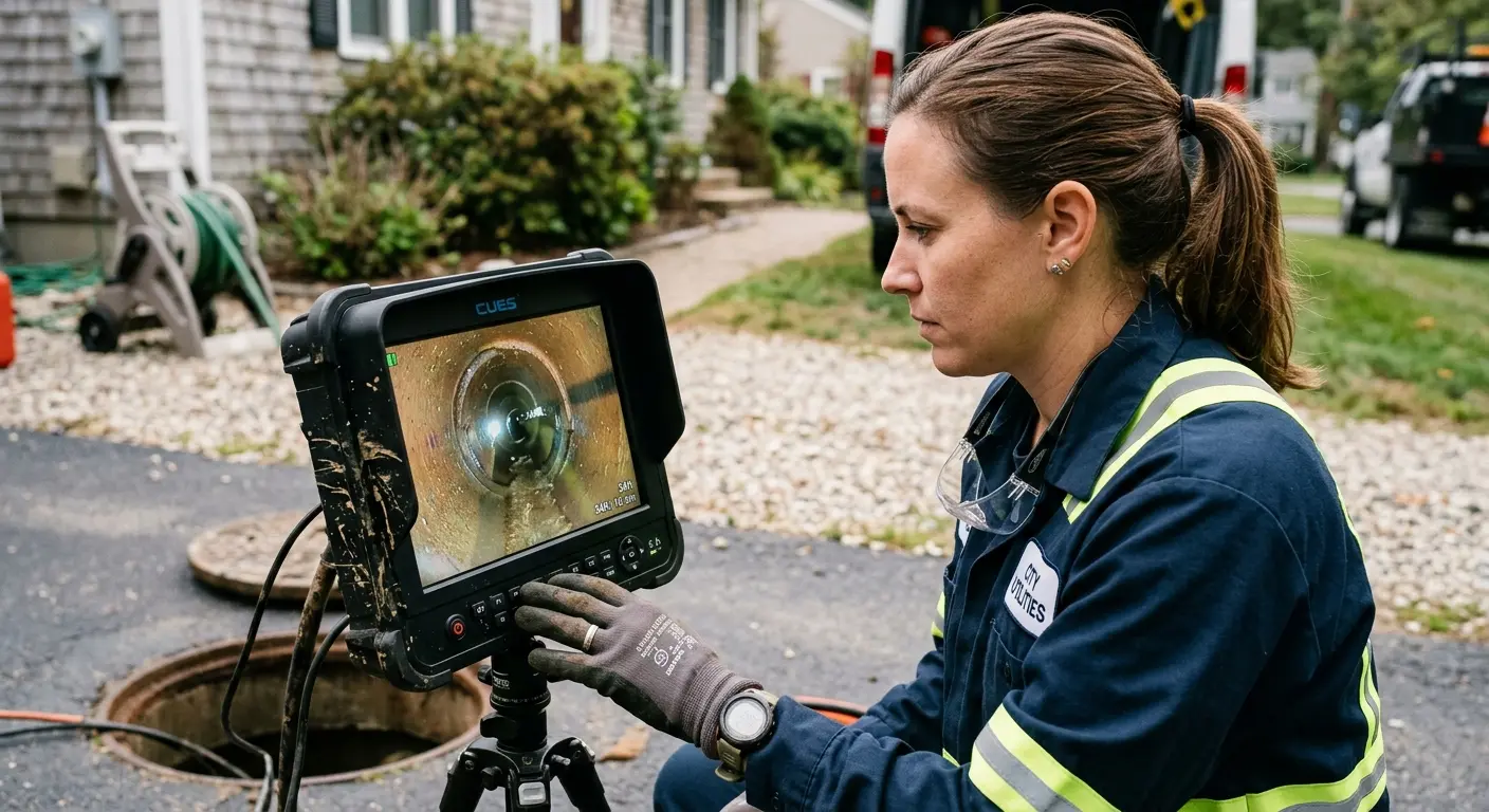 Technician reviewing sewer camera inspection footage in Northvale