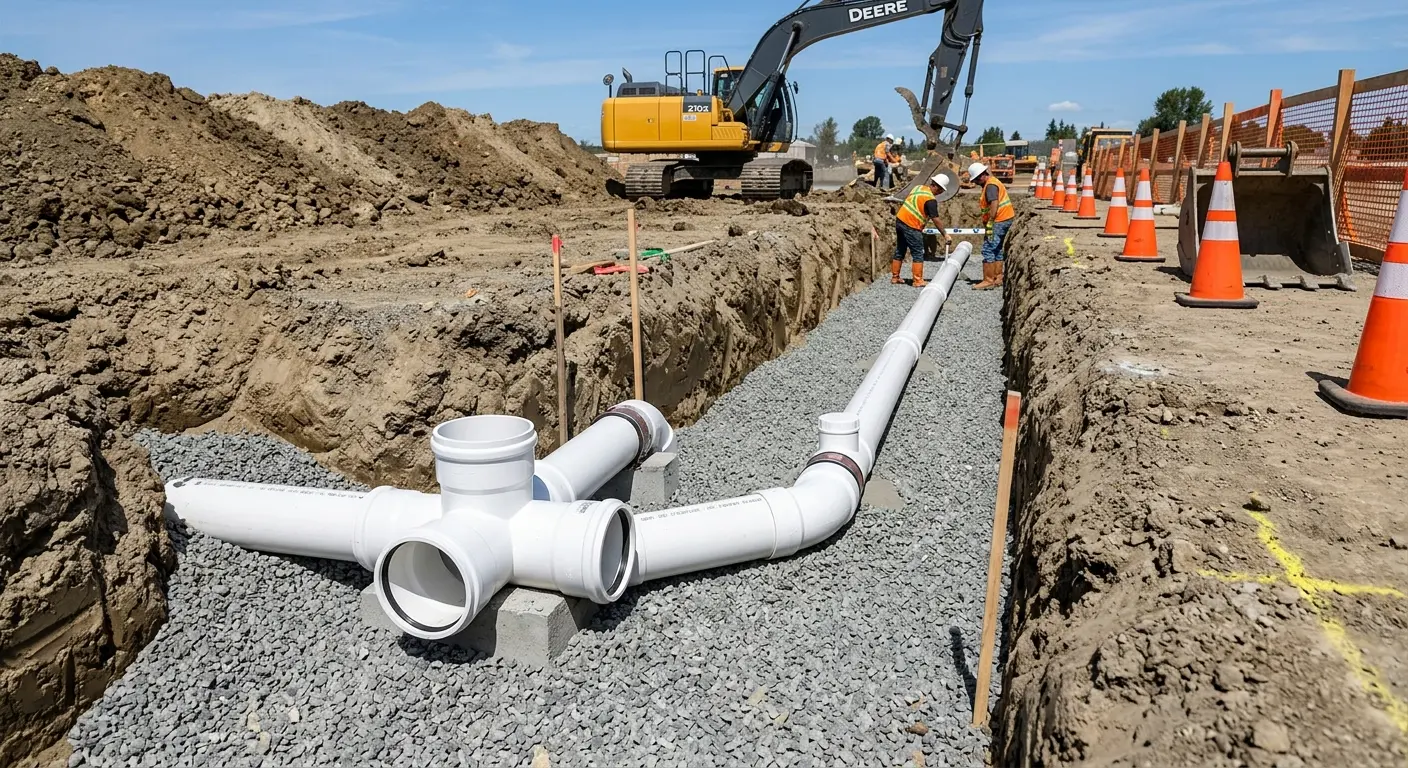 New PVC sewer pipe installation in open trench for Commercial Drain Cleaning in Northvale