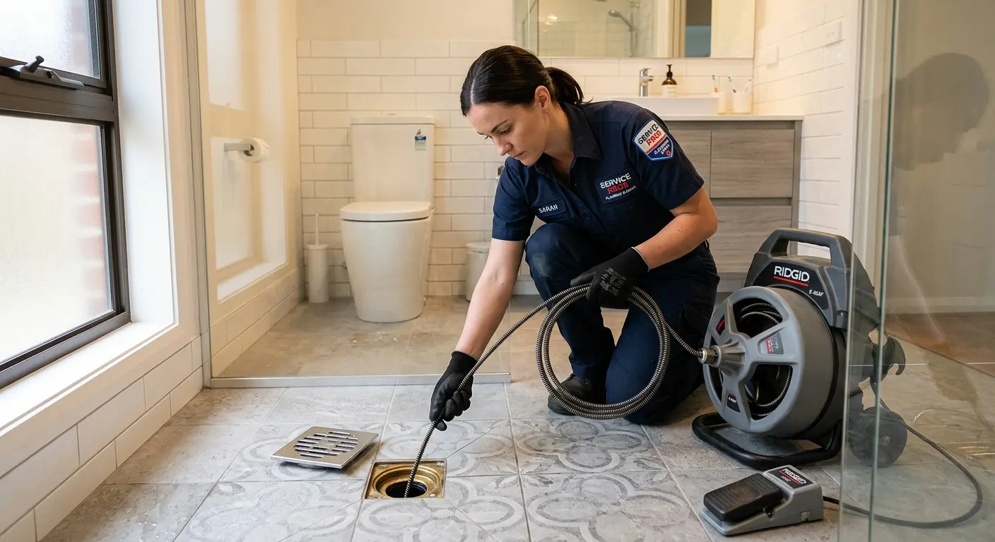 Technician clearing a bathroom floor drain for Sewer Line Installation in Northvale